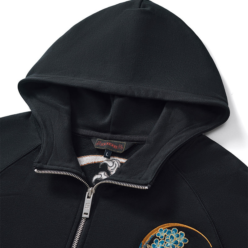 Crescent Moon Dragon - Embroidered Zip Fleece Hoodie