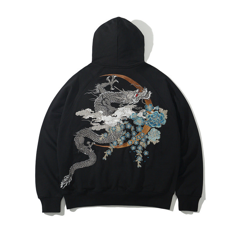 Crescent Moon Dragon - Embroidered Zip Fleece Hoodie