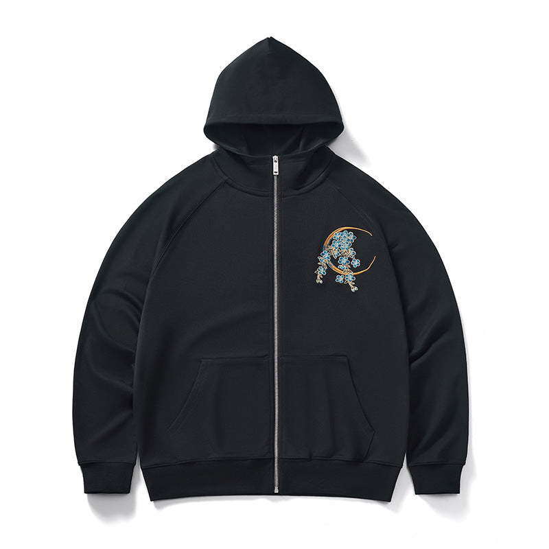 Crescent Moon Dragon - Embroidered Zip Fleece Hoodie