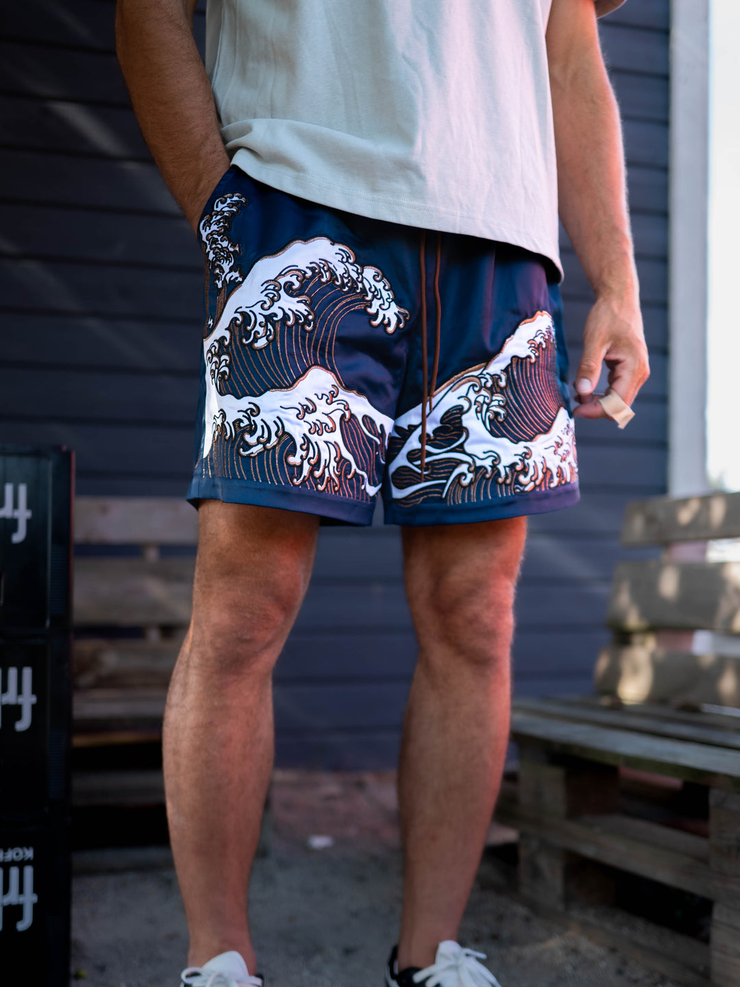 Ukiyo-e Wave Embroidered Unisex Shorts