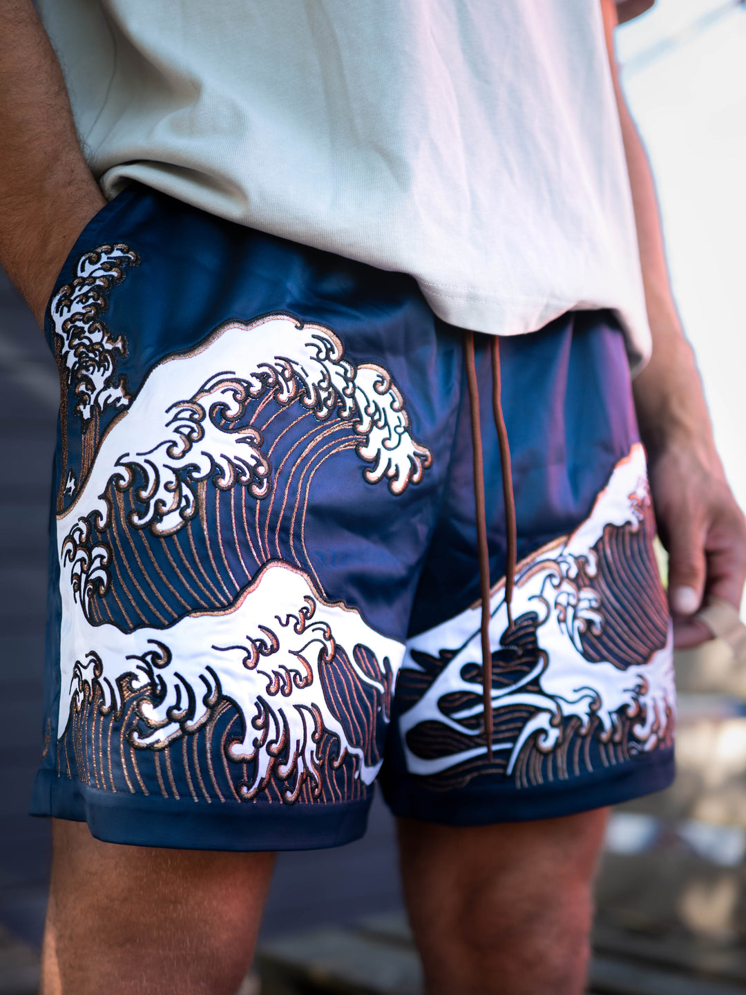 Ukiyo-e Wave Embroidered Unisex Shorts