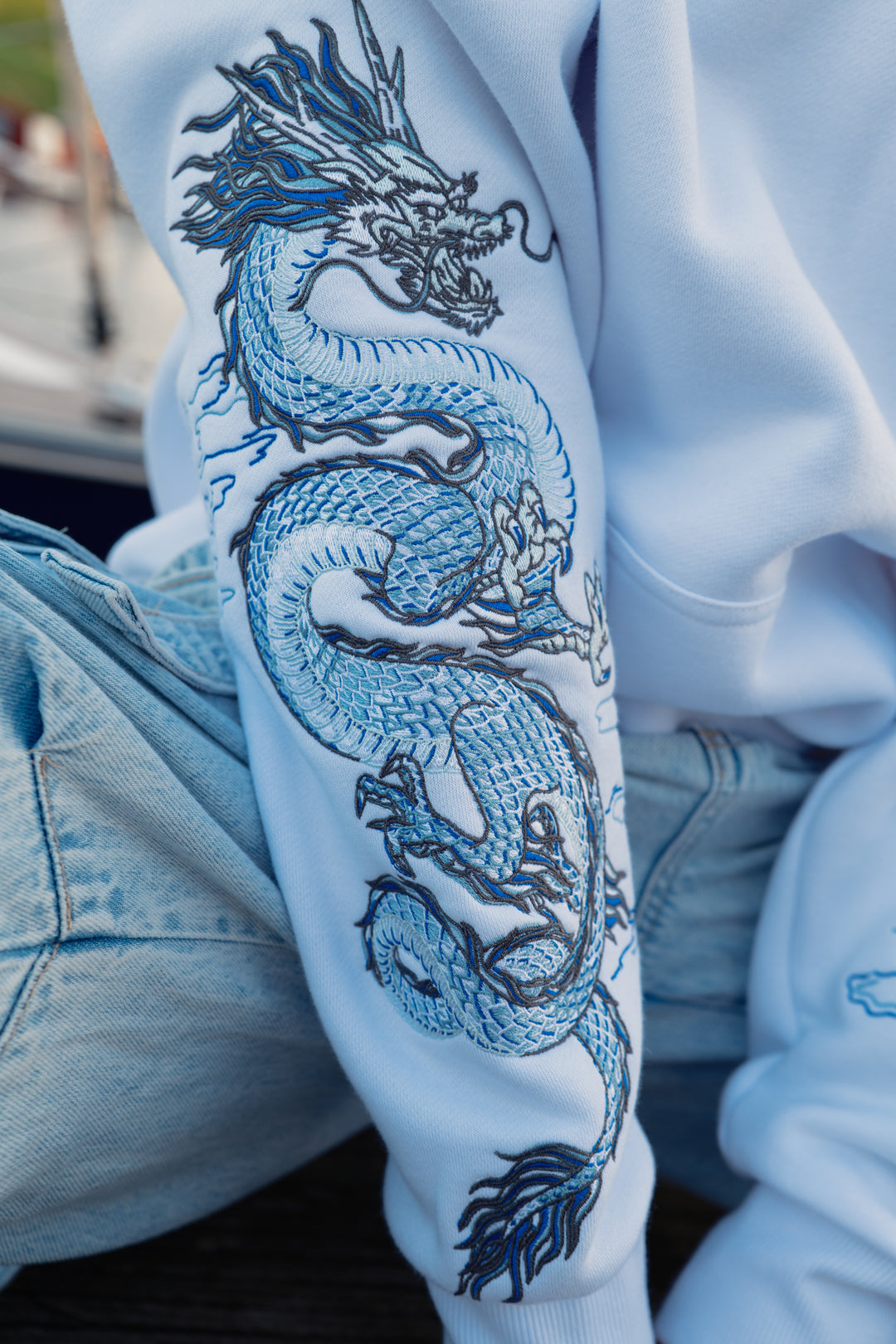 Sea Dragon Heavy Embroidery Hoodie 400GSM - Pearl White