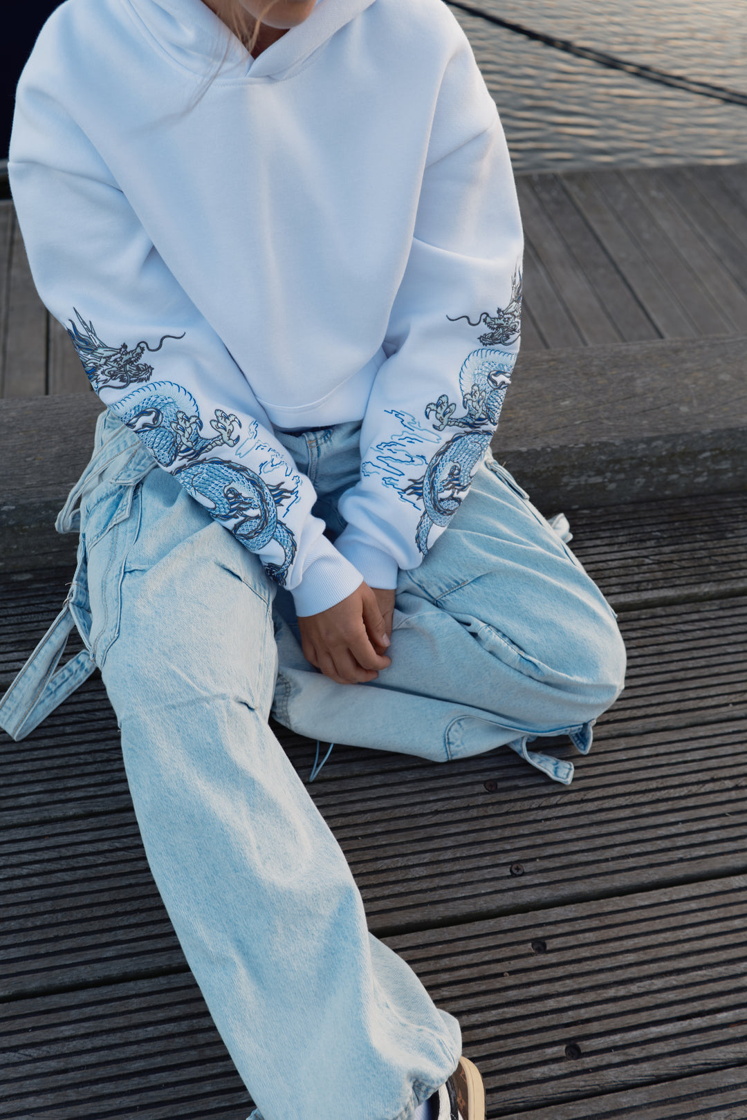 Sea Dragon Heavy Embroidery Hoodie 400GSM - Pearl White
