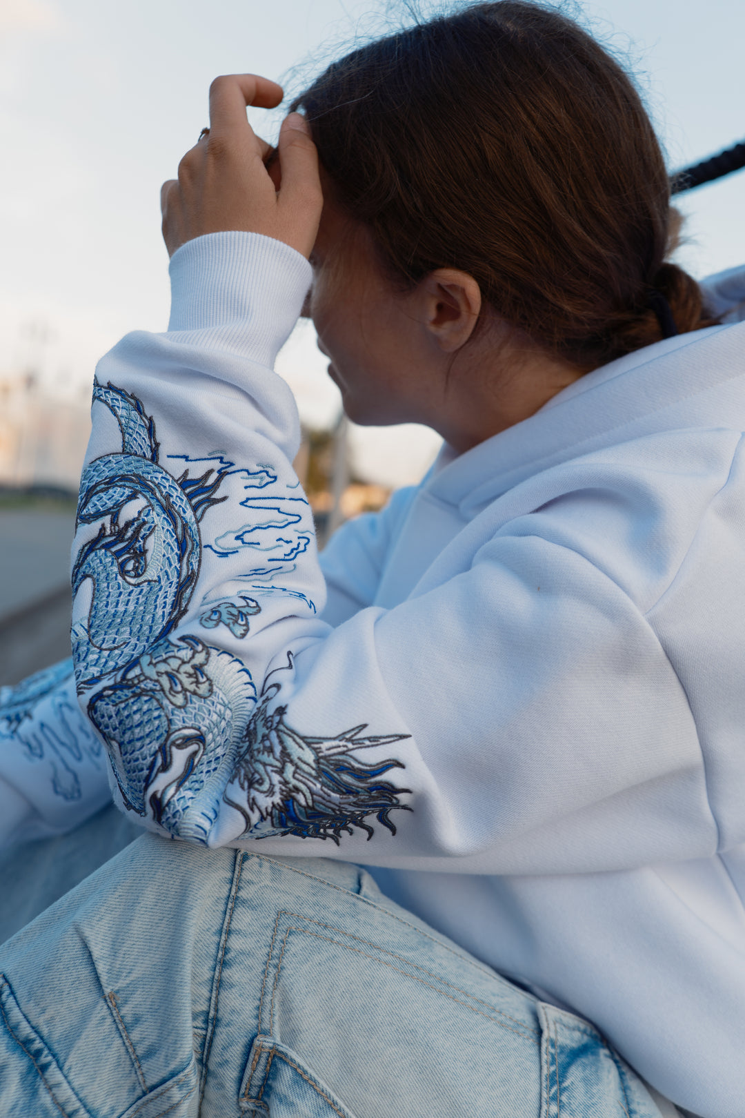 Sea Dragon Heavy Embroidery Hoodie 400GSM - Pearl White