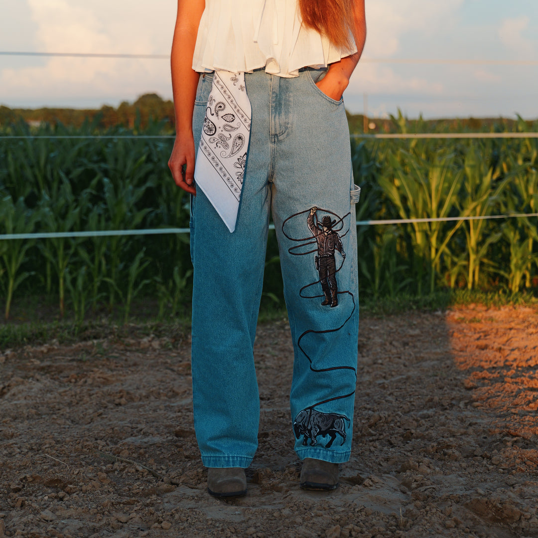 Western Rodeo - Embroidered Barrel Jeans Unisex