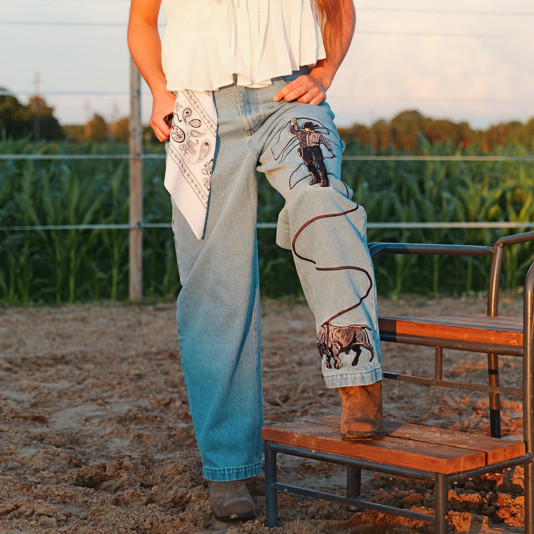 Western Rodeo - Embroidered Barrel Jeans Unisex