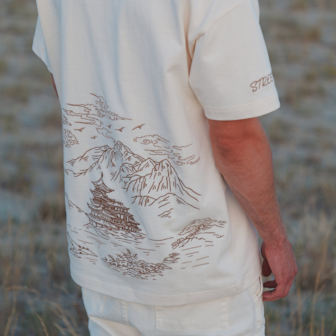 Mountain Temple Embroidered T-Shirt - 270GSM Cotton - Unisex