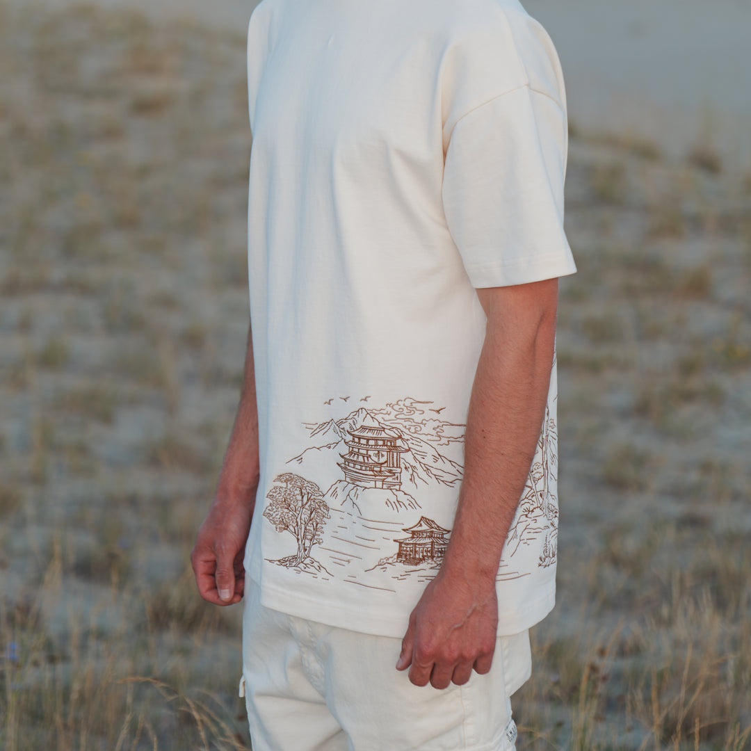 Mountain Temple Embroidered T-Shirt - 270GSM Cotton - Unisex