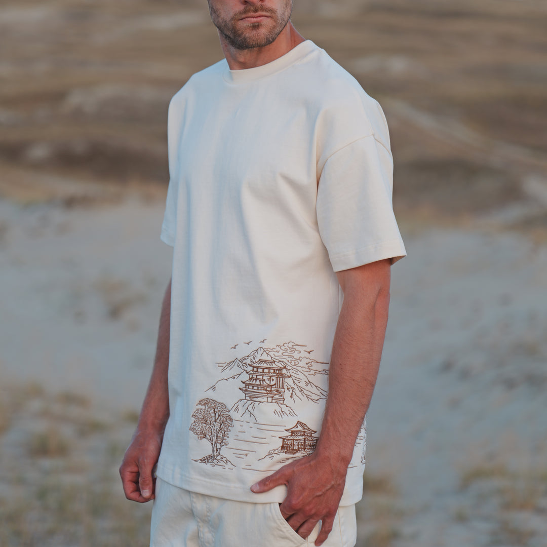Mountain Temple Embroidered T-Shirt - 270GSM Cotton - Unisex