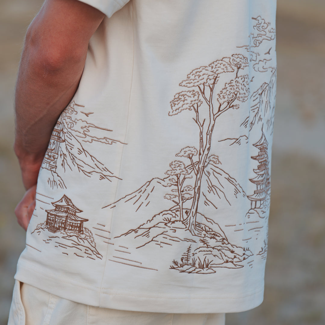 Mountain Temple Embroidered T-Shirt - 270GSM Cotton - Unisex