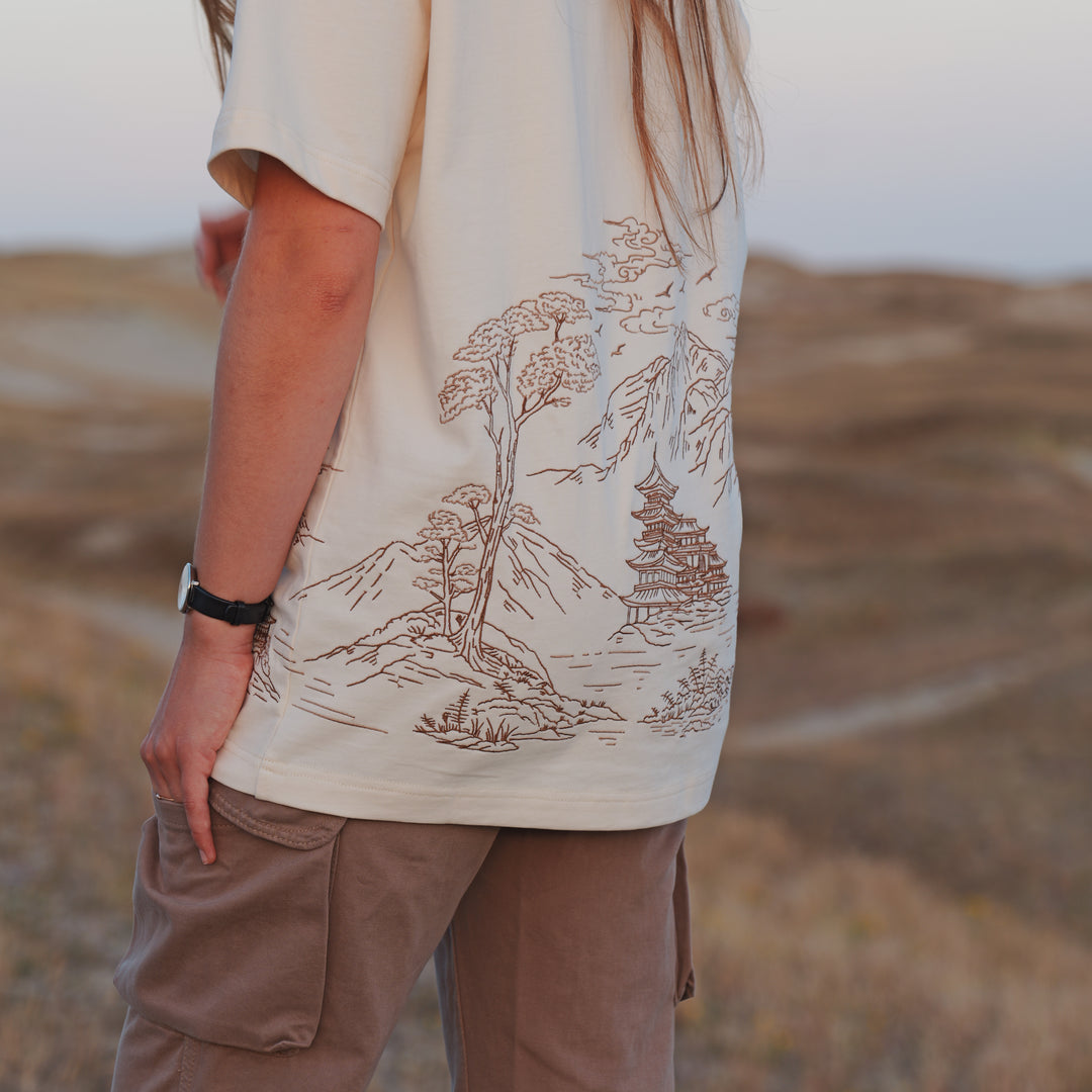 Mountain Temple Embroidered T-Shirt - 270GSM Cotton - Unisex