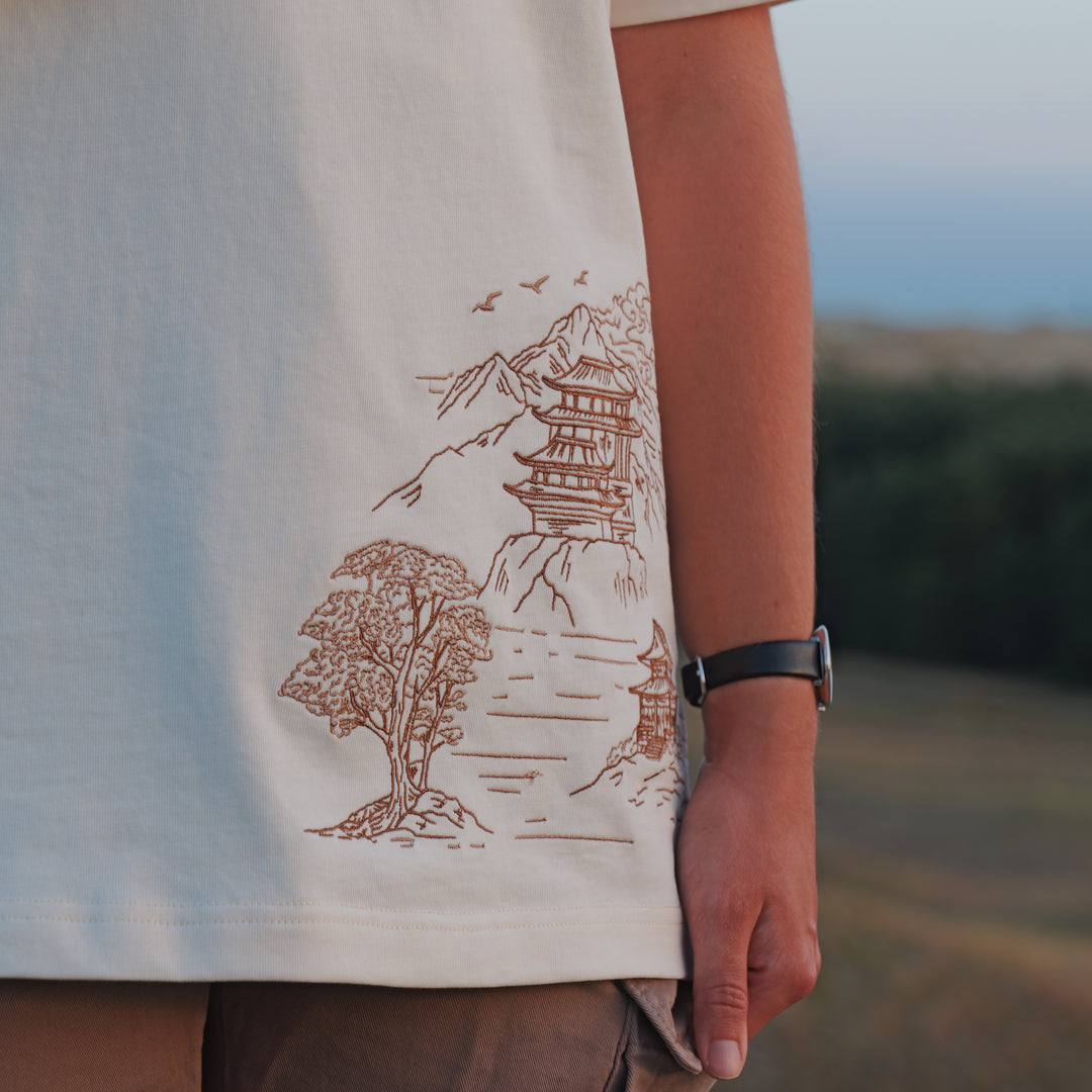 Mountain Temple Embroidered T-Shirt - 270GSM Cotton - Unisex
