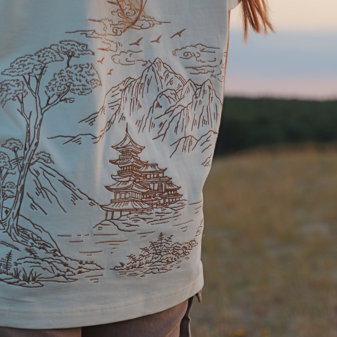 Mountain Temple Embroidered T-Shirt - 270GSM Cotton - Unisex