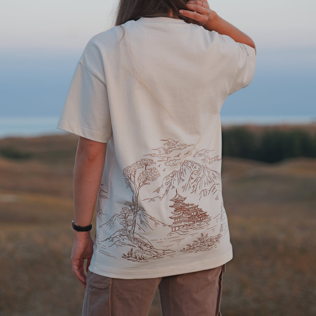 Mountain Temple Embroidered T-Shirt - 270GSM Cotton - Unisex