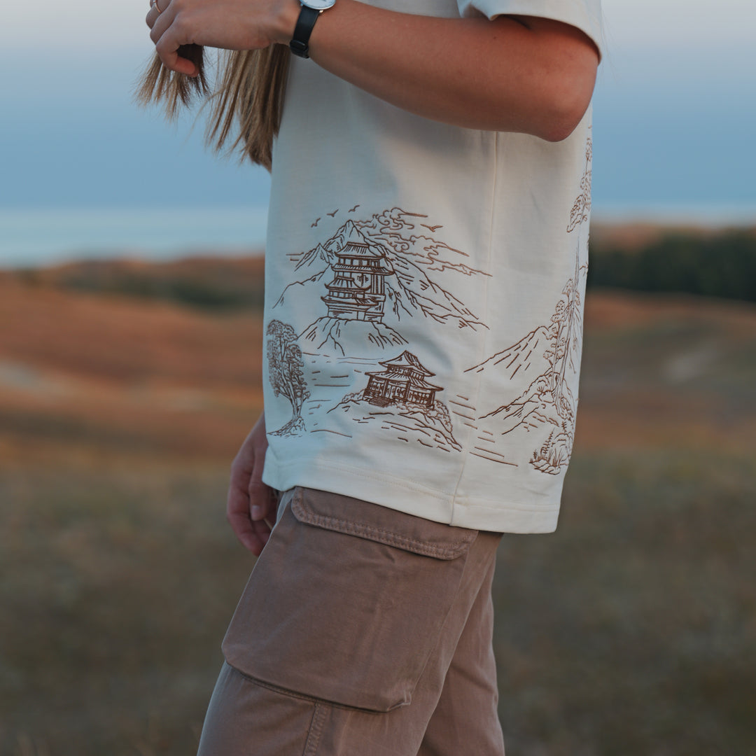 Mountain Temple Embroidered T-Shirt - 270GSM Cotton - Unisex