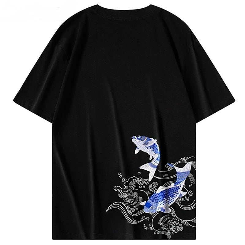 T-Shirt aus Baumwolle mit Koi-Fisch-Stickerei