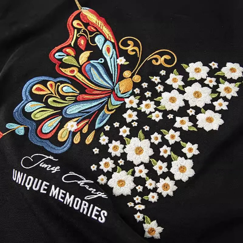 Butterfly Flowers Embroidery T Shirt Cotton