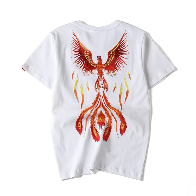 Besticktes Burning Phoenix-T-Shirt, japanischer Streetstyle (Unisex)