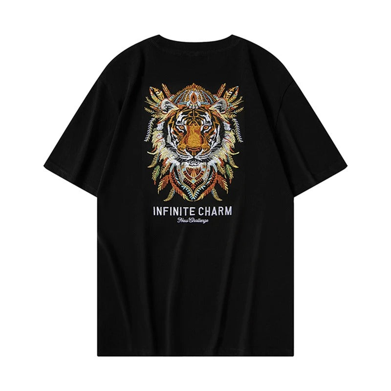 Feathered Tiger Embroidery T Shirt Cotton