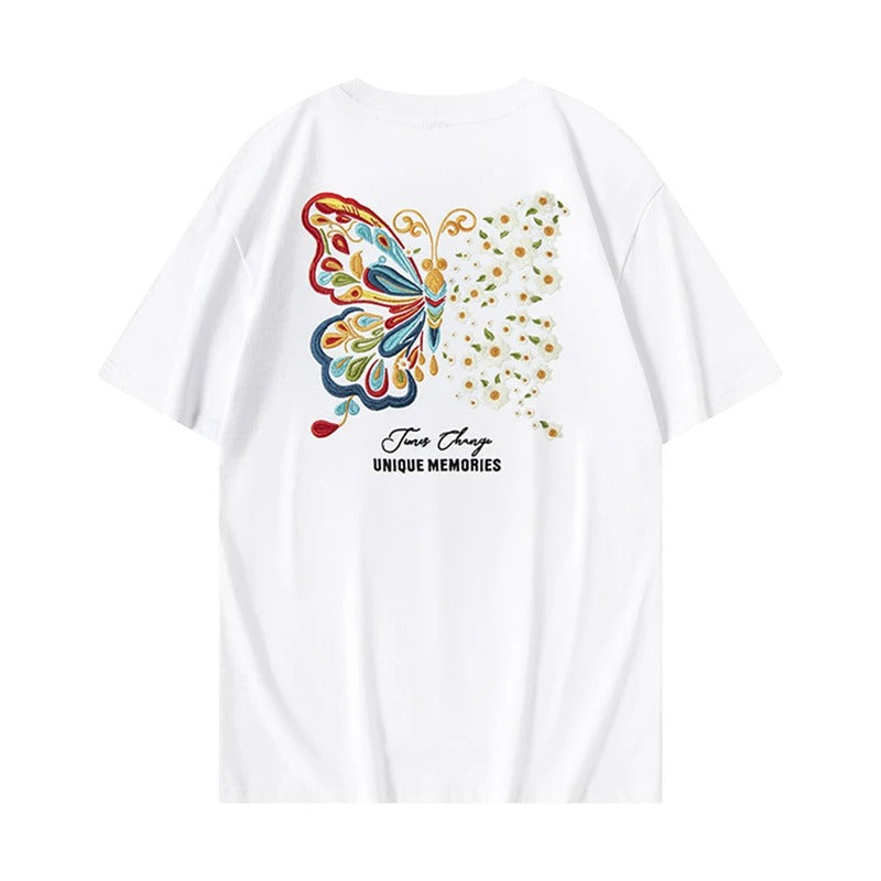 Butterfly Flowers Embroidery T Shirt Cotton