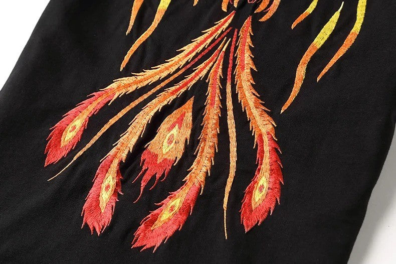 Besticktes Burning Phoenix-T-Shirt, japanischer Streetstyle (Unisex)