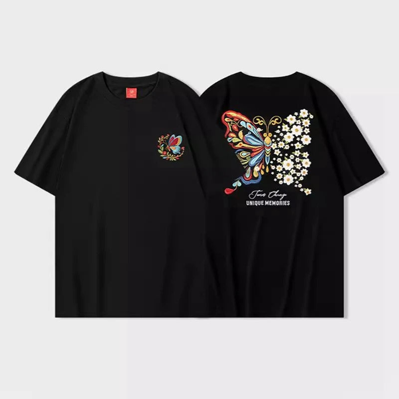 Butterfly Flowers Embroidery T Shirt Cotton