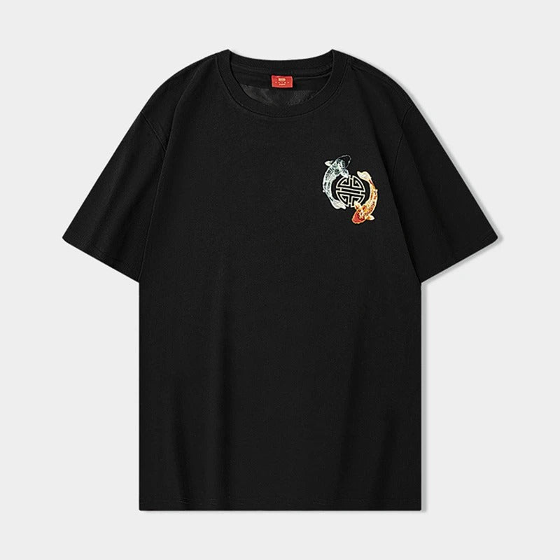 T-Shirt aus Baumwolle mit Koi-Fisch-Stickerei