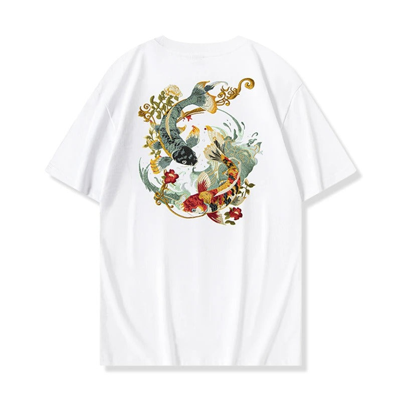 T-Shirt aus Baumwolle mit Koi-Fisch-Stickerei