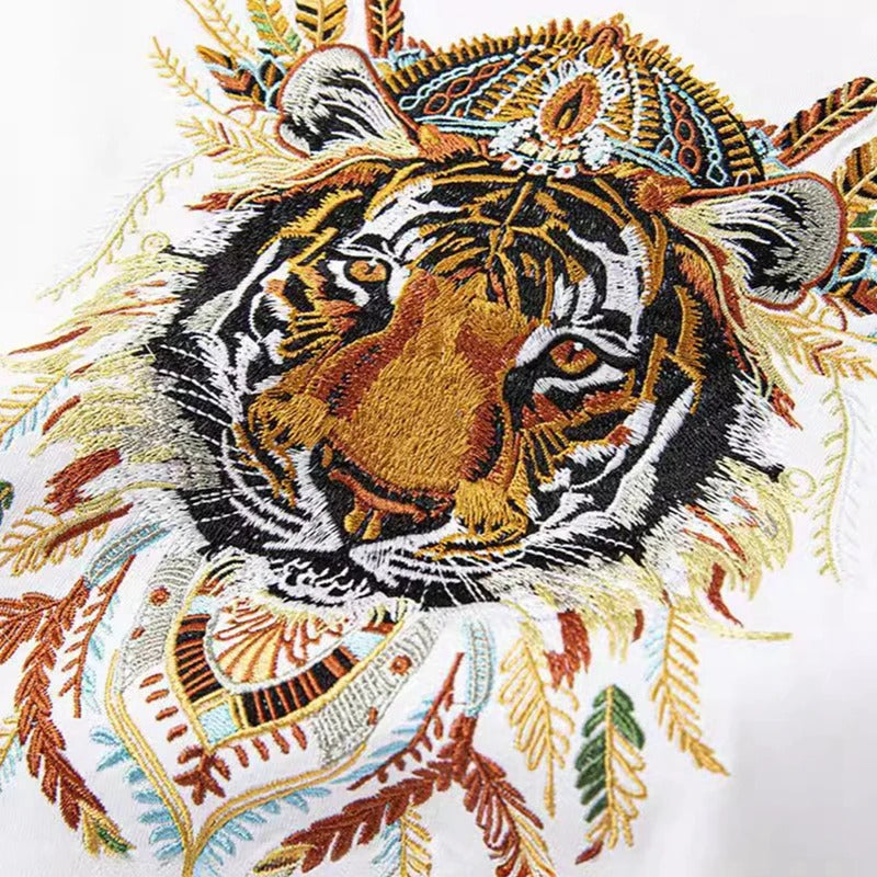 Feathered Tiger Embroidery T Shirt Cotton