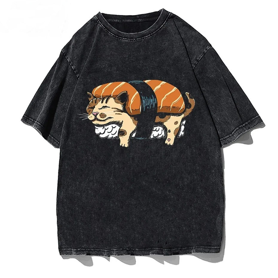 Camiseta vintage lavada con gato sushi