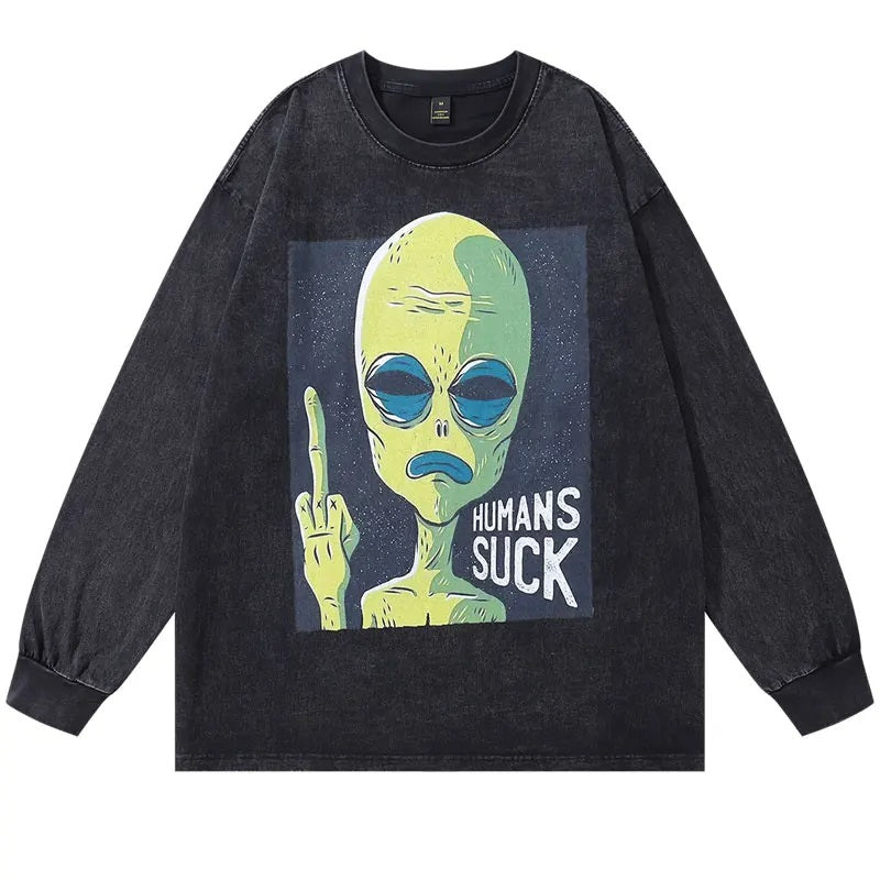 Humans Suck Alien Washed Long Sleeve Unisex T-shirt