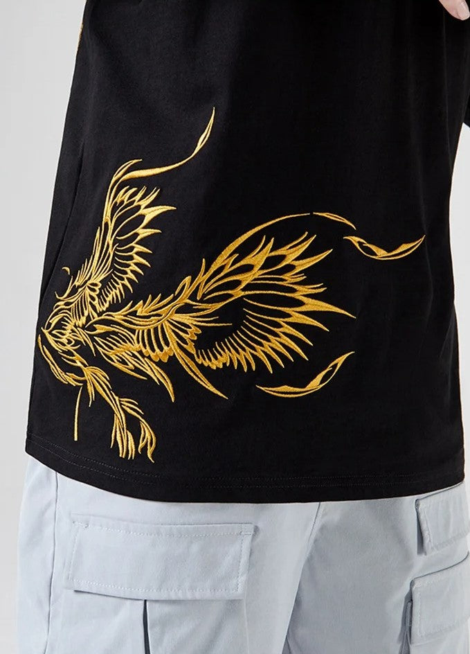 Besticktes Phönix-T-Shirt, japanischer Streetstyle (Unisex)