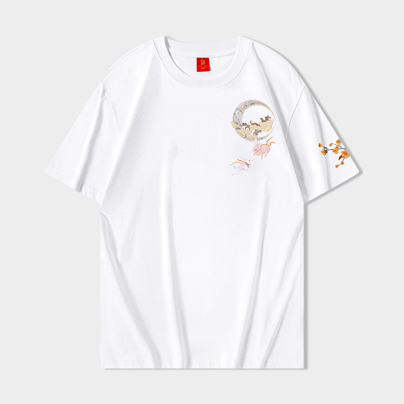 Fluorescent Moon Rabbit Embroidery T Shirt Cotton