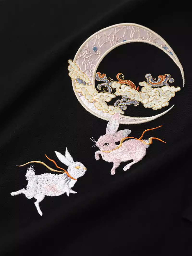 Fluorescent Moon Rabbit Embroidery T Shirt Cotton