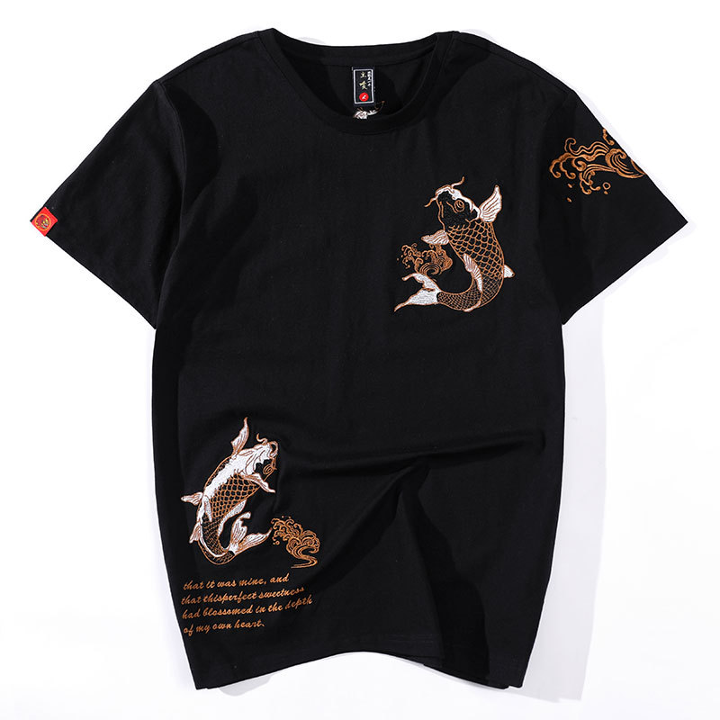 Black Gold Embroidered Koi Fish T-Shirt Cotton