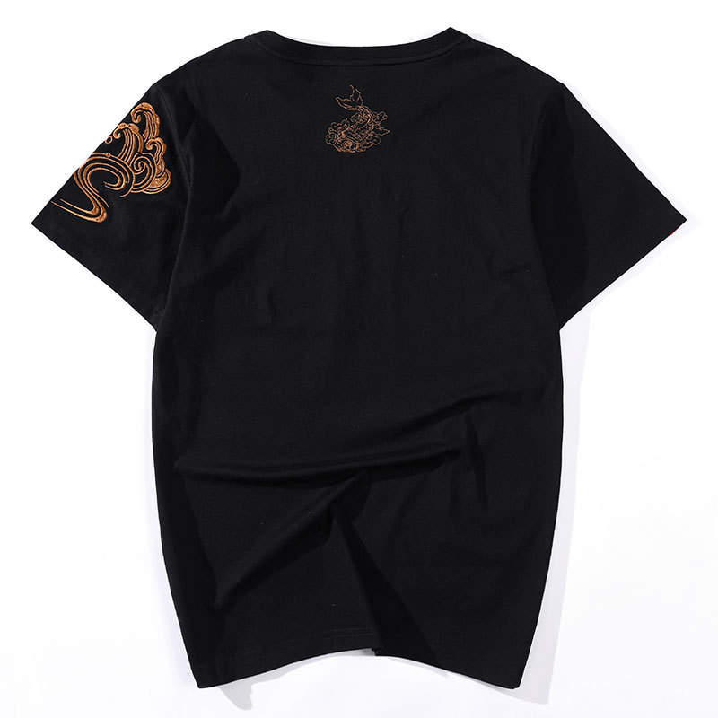 Black Gold Embroidered Koi Fish T-Shirt Cotton