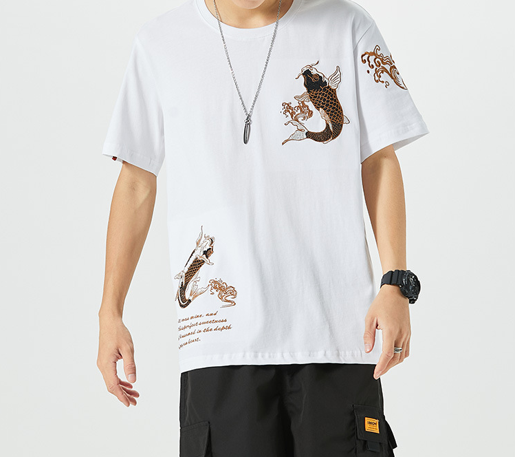 Black Gold Embroidered Koi Fish T-Shirt Cotton