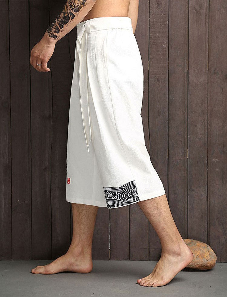 Oriental Kimono Style Pants - Embroidered, Linen
