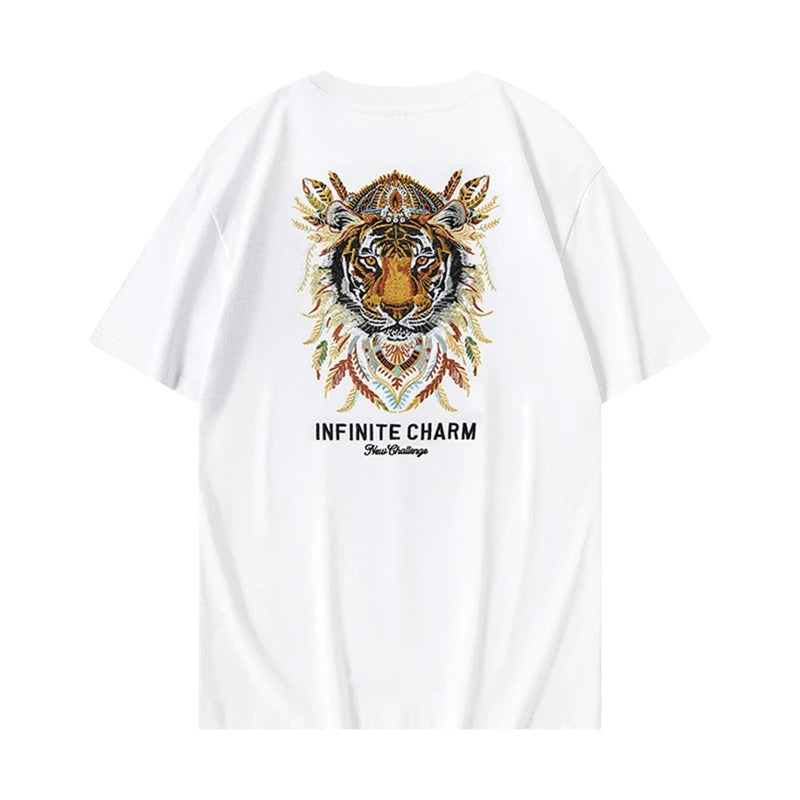 Feathered Tiger Embroidery T Shirt Cotton