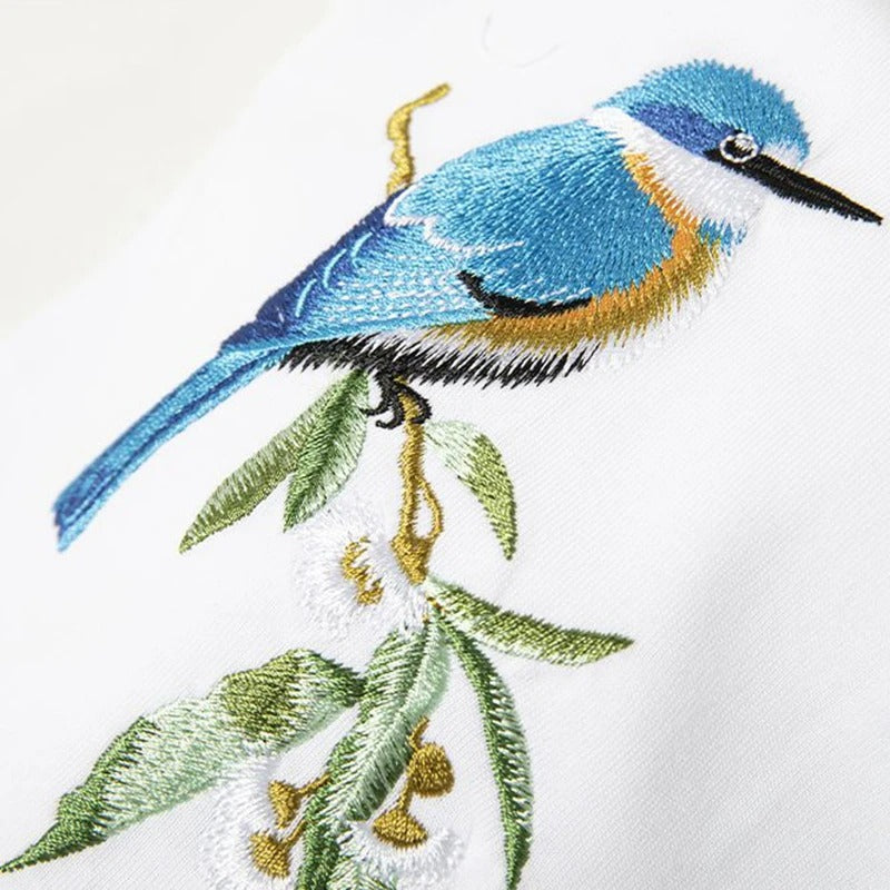 Embroidered Spring Birds T-shirt, Japan Street Style (Unisex)