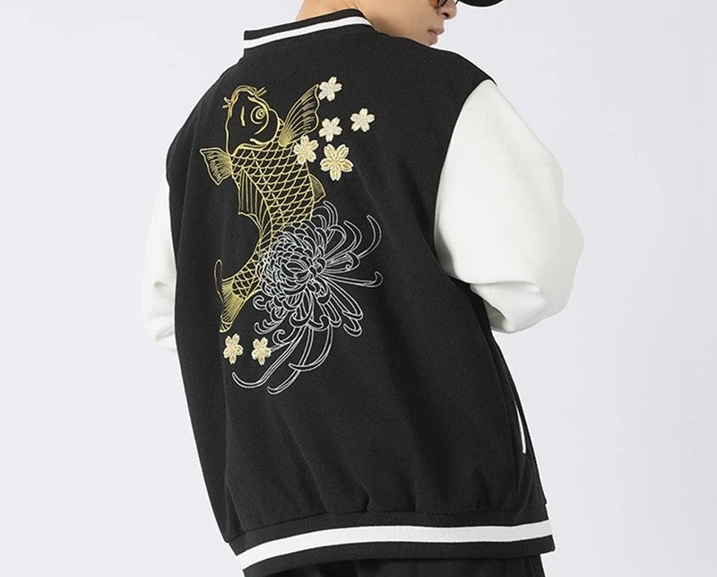 Koi Fish Embroidery Varsity Jacket Unisex