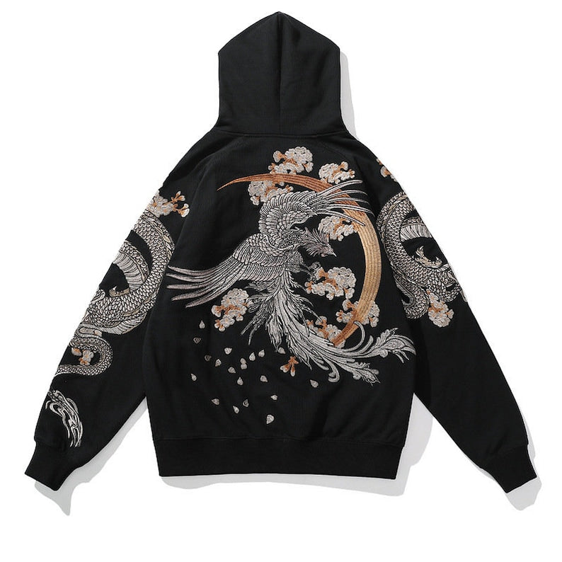 Crescent Phoenix - Dragon Embroidered Zip Hoodie