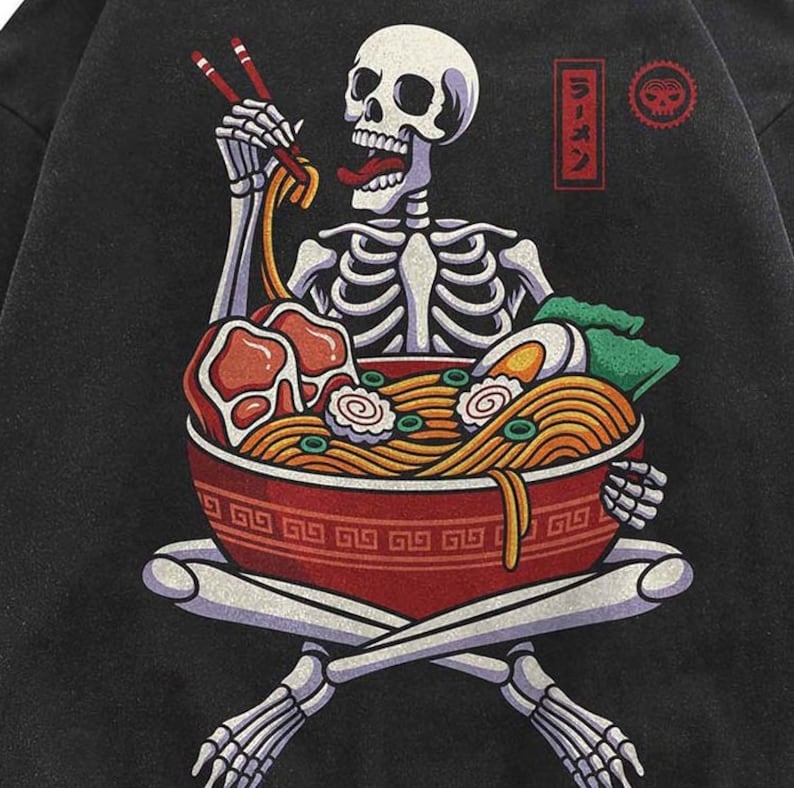 Ramen Noodles Skeleton Übergroßer Kapuzenpullover aus gewaschener Baumwolle