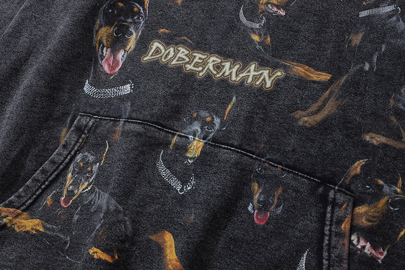 Sudadera con capucha extragrande de algodón con perros lavados Doberman