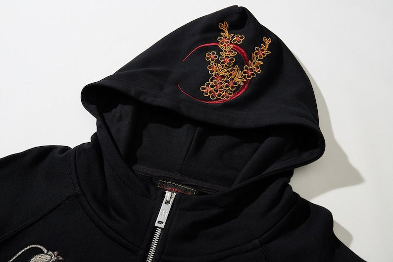 Dragon Embroidered Hoodie - Red Crescent Moon