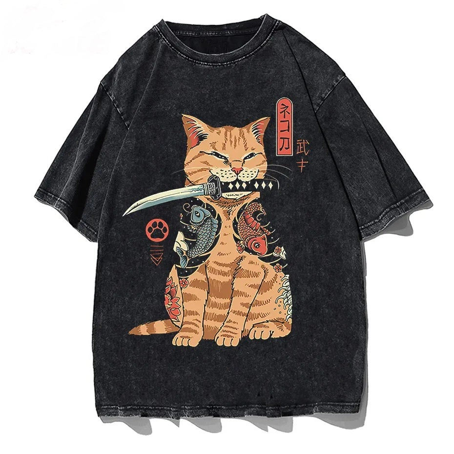 Samurai Cat Washed T shirt Oversize Cotton