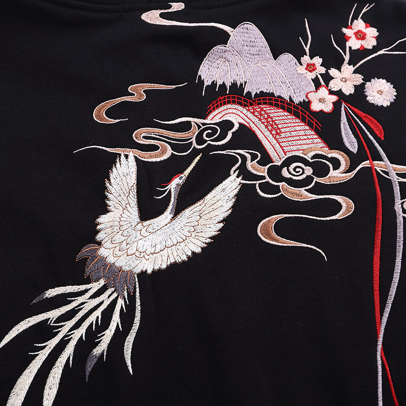 Japanese Sakura - Crane Embroidery Hoodie
