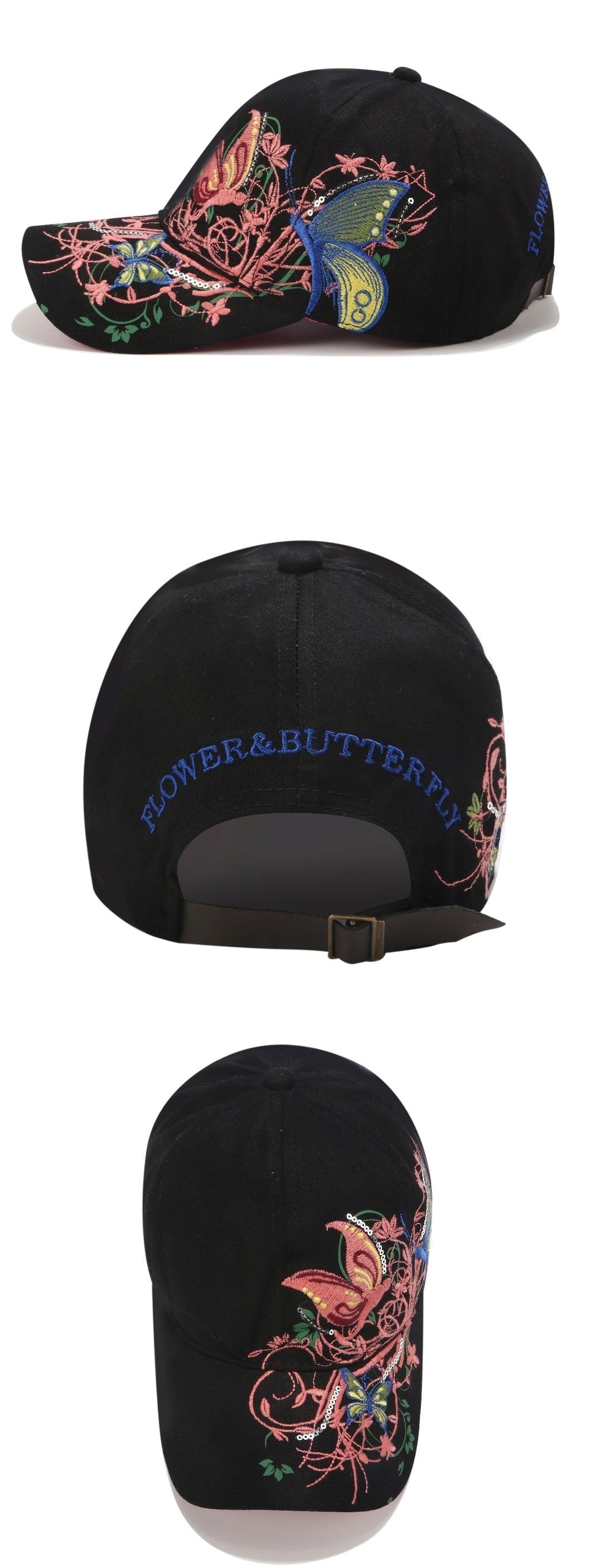 Embroidered Baseball Cap Butterly Flowers