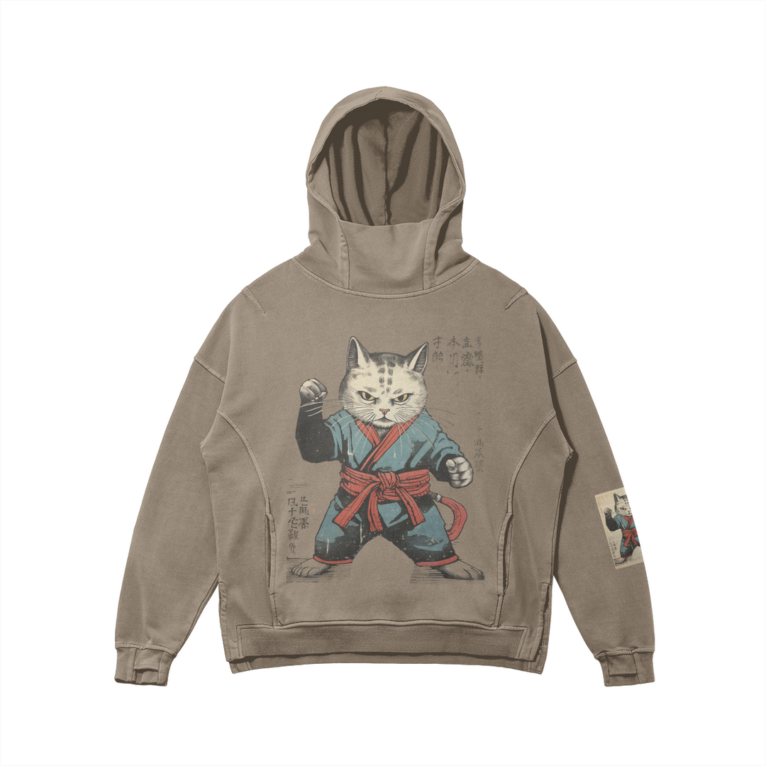Okinawan Karate Cat - Loose Turtleneck Washed Unisex Hoodie