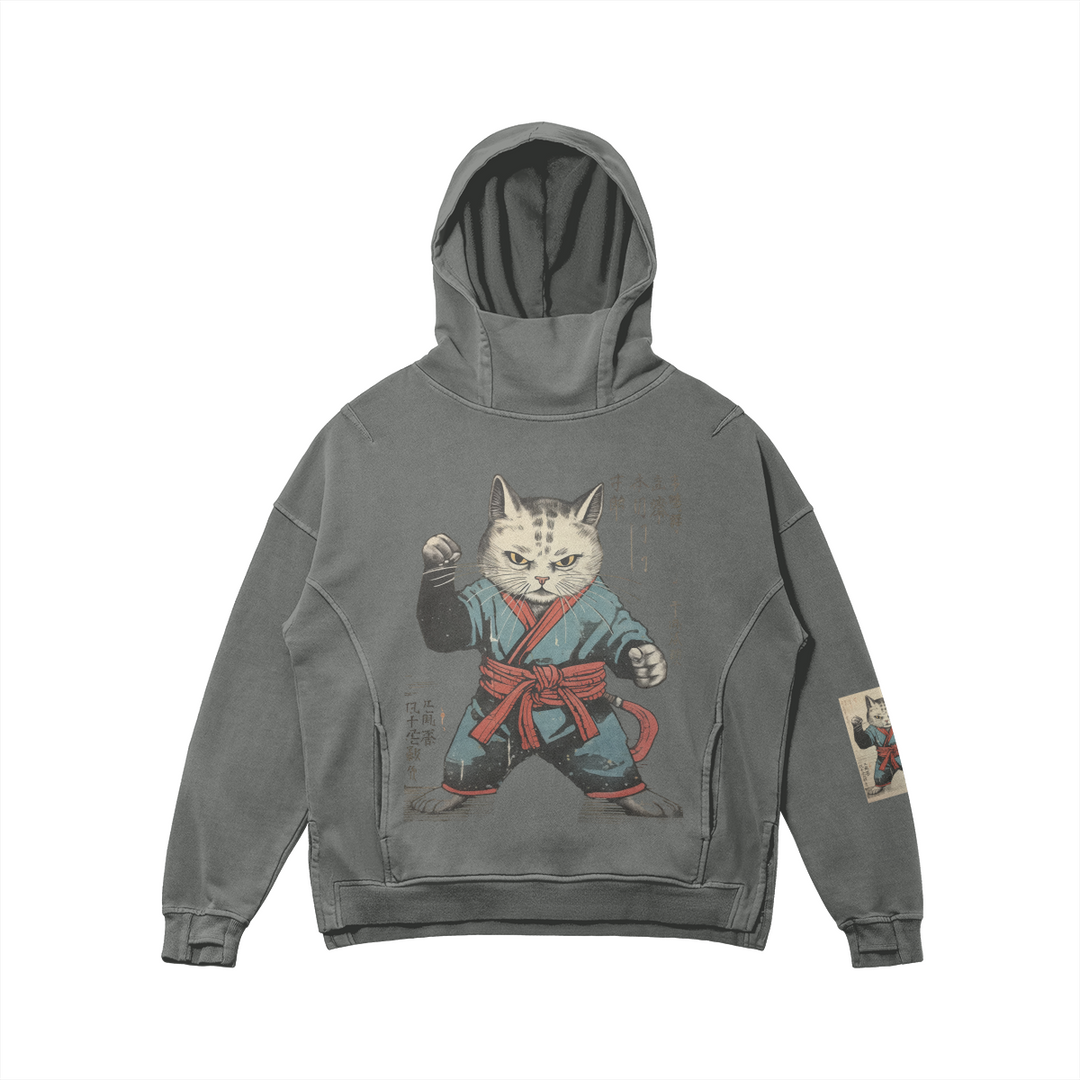 Okinawan Karate Cat - Loose Turtleneck Washed Unisex Hoodie